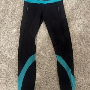 Lululemon Inspire Tight II Crop Leggings Aqua Blue Black Mesh Women’s Size 6 EUC